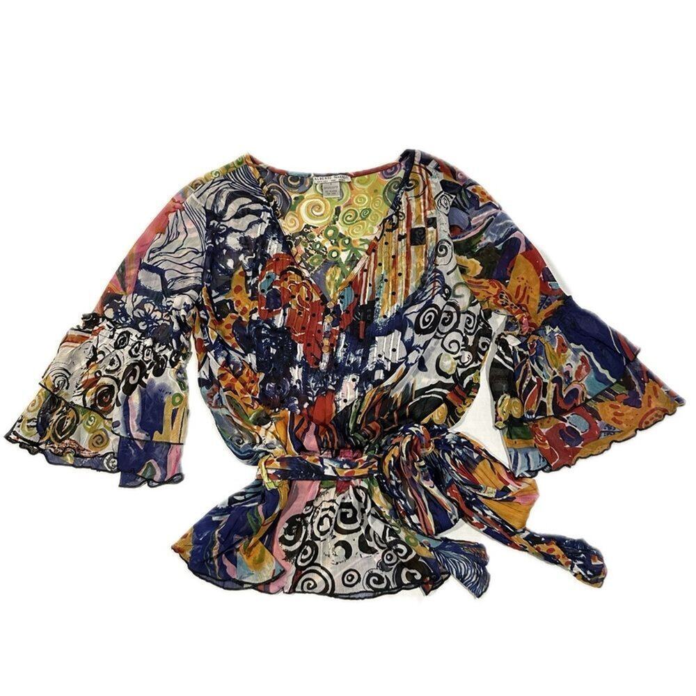 ALBERTO MAKALI flared sleeves v neck colorful blouse size Small